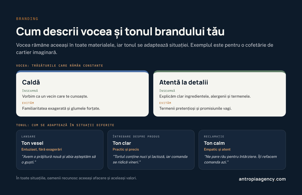 Exemplu de voce a unui brand, cu trăsături constante și ton adaptat pentru lansare, întrebare despre produs și reclamație