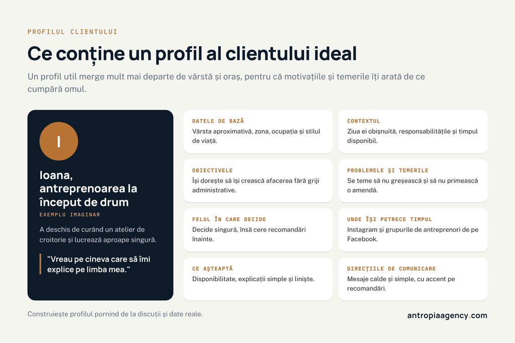 Exemplu de profil al clientului ideal, cu datele de bază, obiectivele, temerile și felul în care decide