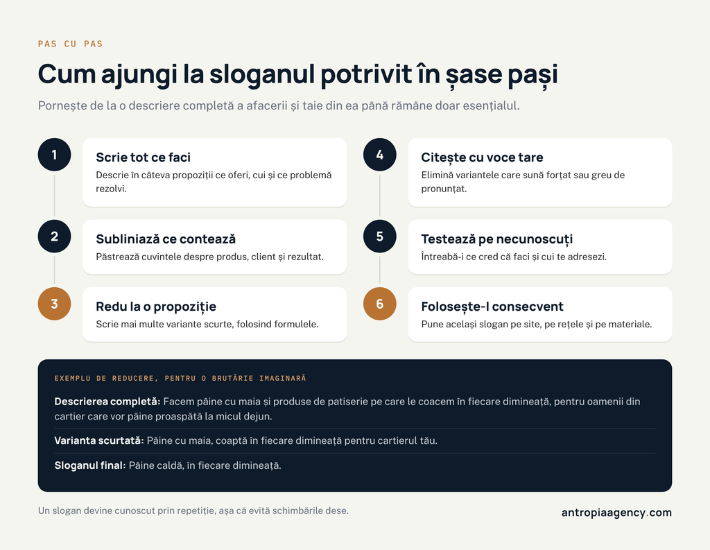 Cei șase pași prin care ajungi la sloganul potrivit, cu un exemplu de reducere de la descriere la slogan