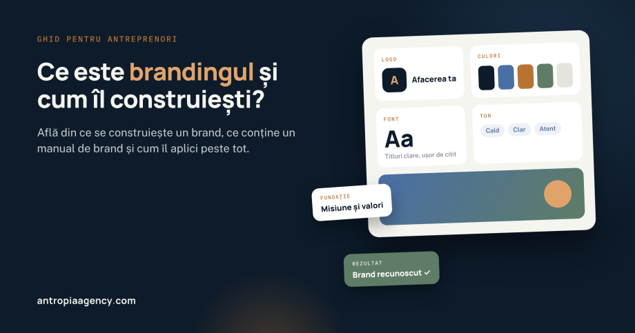 Planșă de brand cu logo, paletă de culori, font, ton al vocii și stil de imagine
