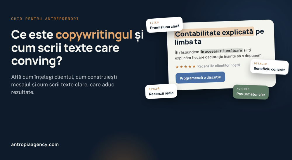 Secțiune de site cu titlu clar, beneficiu concret, recenzii și buton, elementele unui text de copywriting