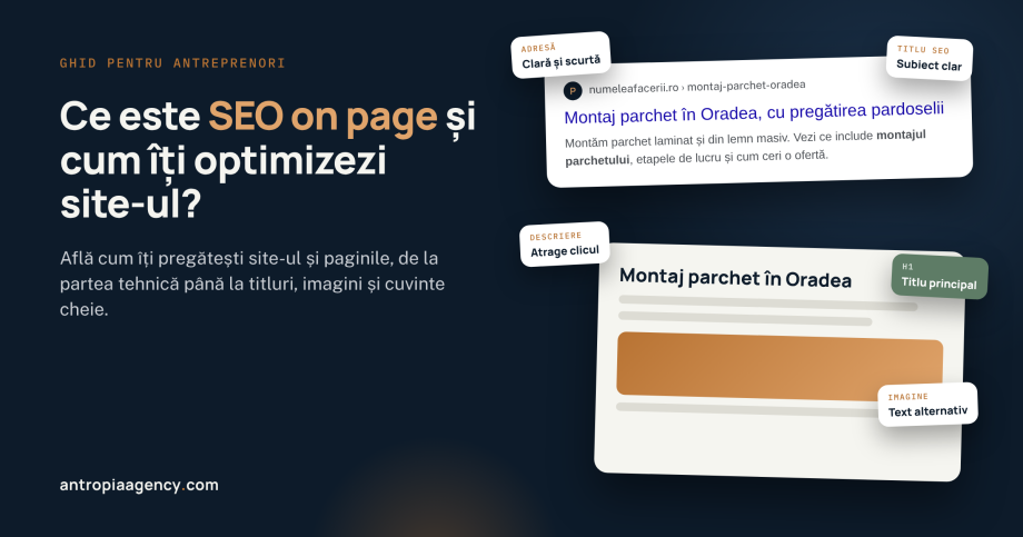 Rezultat în Google și pagină de site cu adresa, titlul SEO, descrierea, titlul principal și imaginea optimizate