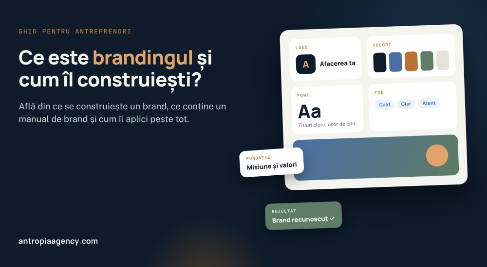 Planșă de brand cu logo, paletă de culori, font, ton al vocii și stil de imagine