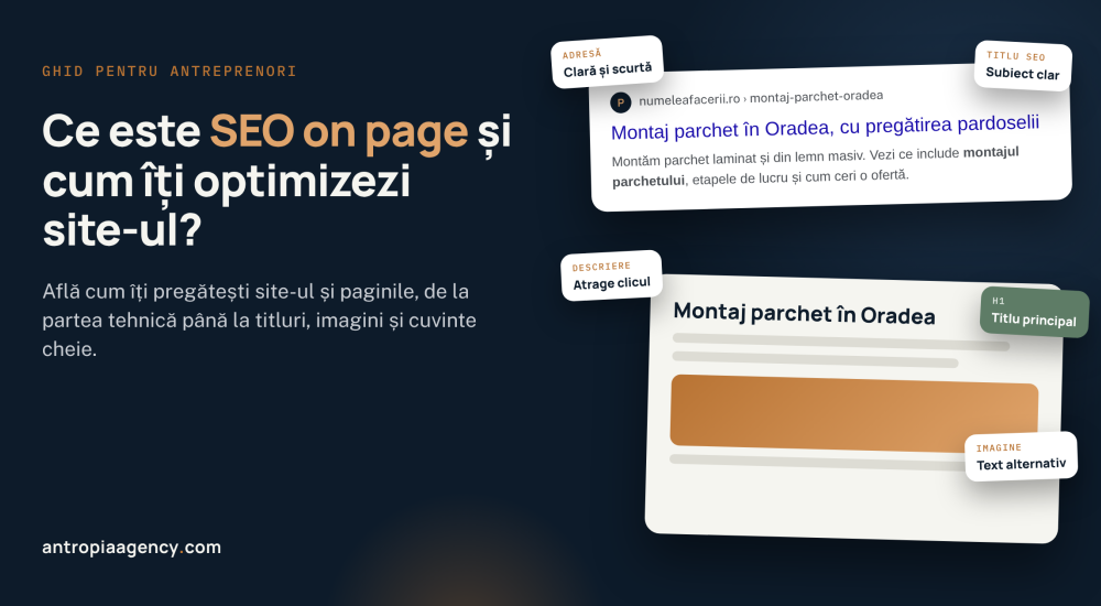 Rezultat în Google și pagină de site cu adresa, titlul SEO, descrierea, titlul principal și imaginea optimizate