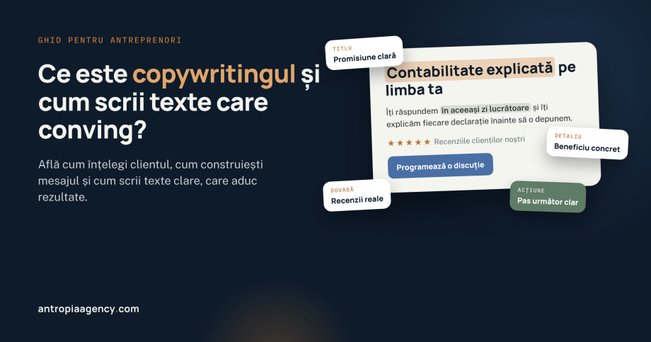 Secțiune de site cu titlu clar, beneficiu concret, recenzii și buton, elementele unui text de copywriting
